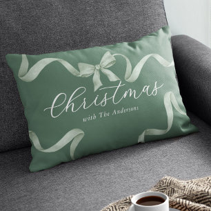 Green Bow Family Christmas Lumbar Cushion