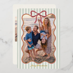 Green Bow Frame Striped Christmas Photo Foil Holiday Card