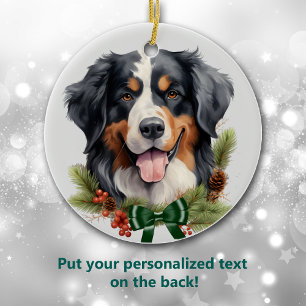 Green Bow Holly Wreath Bernese Mountain Dog Ceramic Ornament