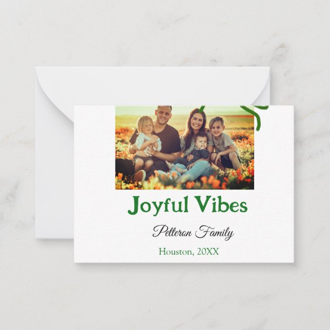 Green bow joyful Vibes add family photo name  Card (Front)