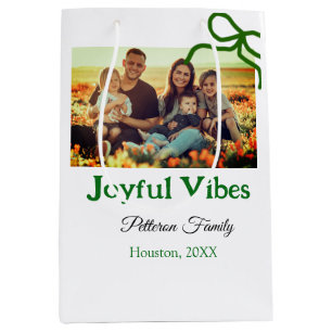 Green bow joyful Vibes add family photo name  Medium Gift Bag