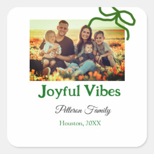 Green bow joyful Vibes add family photo name Square Sticker