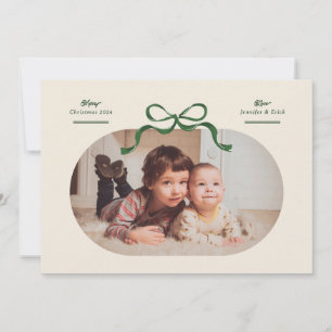 Green Bow Merriest Christmas Oval Photo Flat Holiday Card