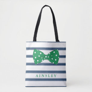 Green Bow & Navy Stripes Custom Name Tote Bag