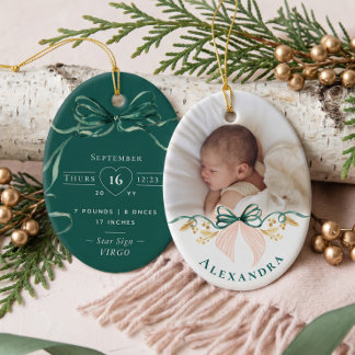 Green Bow Personalised Baby Name Photo Birth Stats Ceramic Ornament