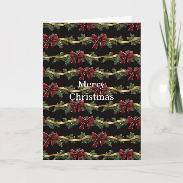 Green Bow Red Gold Ornament Christmas Card (Front)