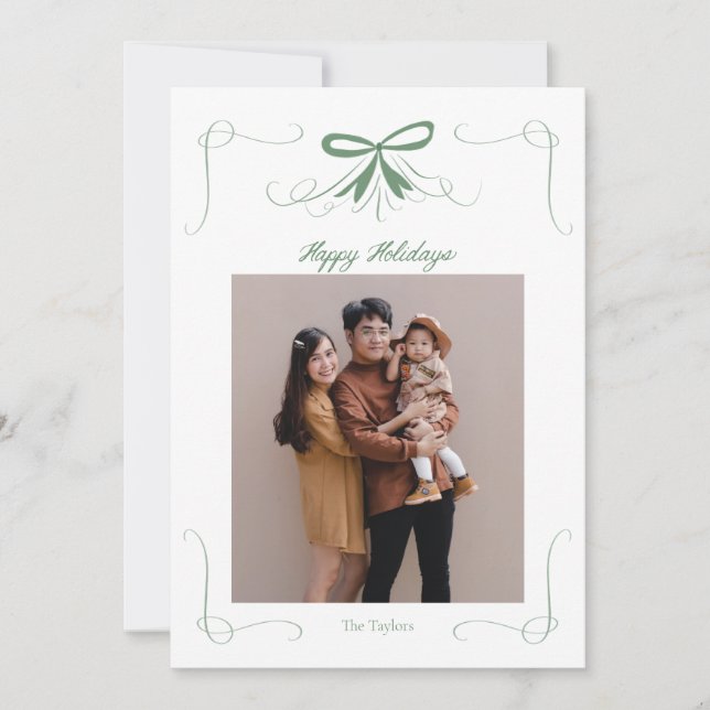 Green Bow Ribbon Festive Christmas Holiday Card (Front)