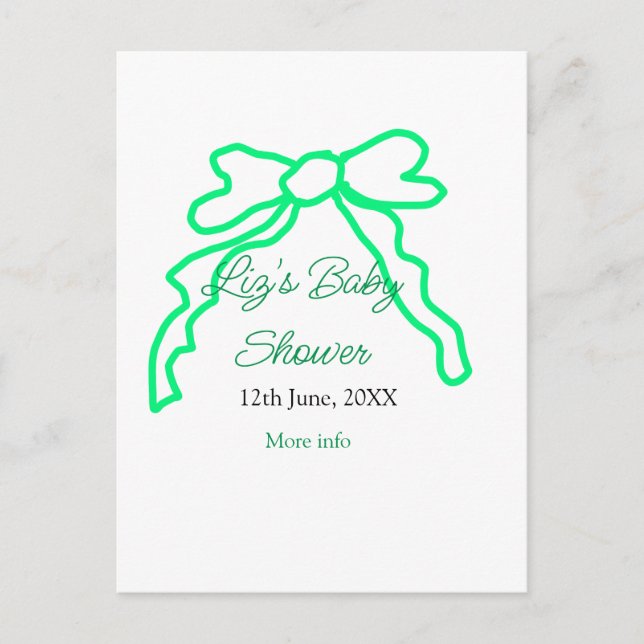 Green bow scribble baby shower add name date moder postcard (Front)