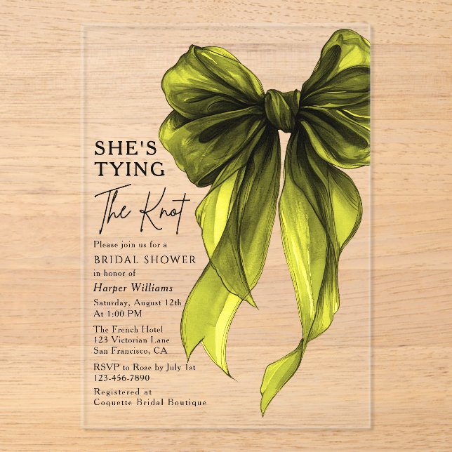 Green Bow She's Tying The Knot Bridal Shower Acrylic Invitations (Front)