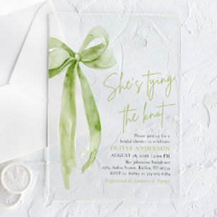 Green Bow She's Tying the Knot Bridal Shower Acrylic Invitations