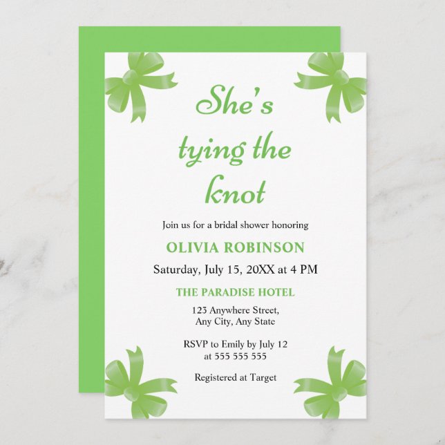 Green Bow She's Tying the Knot Bridal Shower  Invitation (Front/Back)