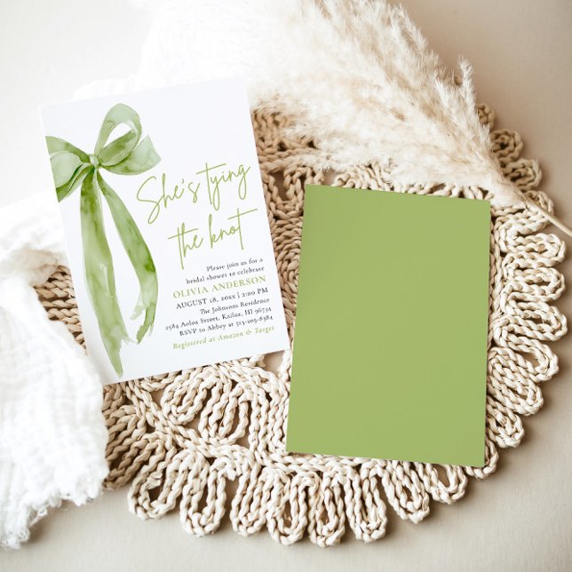 Green Bow She's Tying the Knot Bridal Shower Invitation (Modern Elegant Green Bow Ribbon Coquette She's Tying the Knot Arch Bridal Shower Invitation)