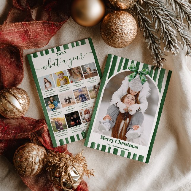 Green Bow Stripe Plaid Christmas Photo Year Review Holiday Card (Green Bow Stripe Plaid Christmas Photo Year Review Holiday Card)
