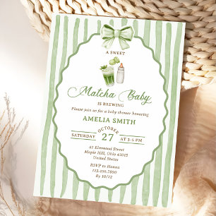 Green Bow Stripes Matcha Baby Shower Invitation