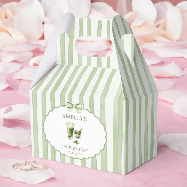 Green Bow Stripes Matcha Birthday Favour Box (Wedding)