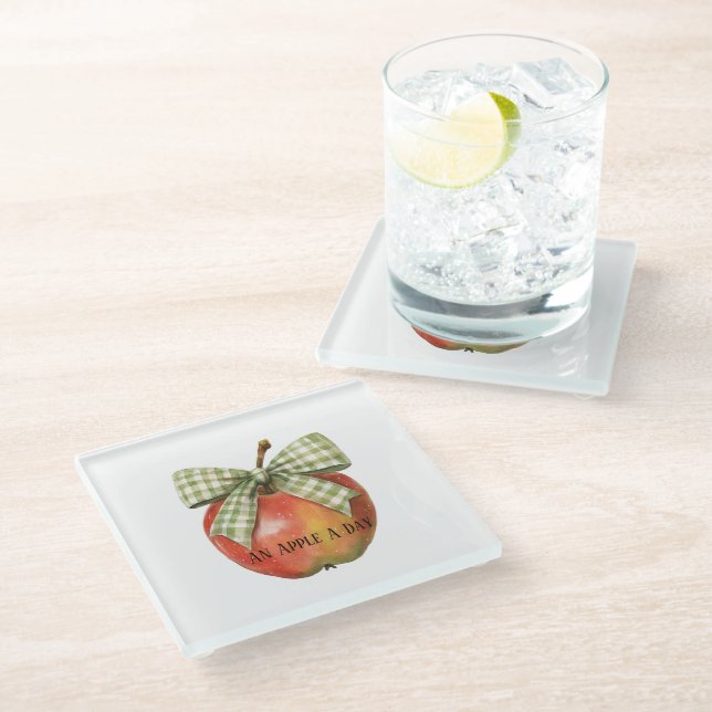 Green Bow Stripes Red Apple Glass Coaster (Angled)