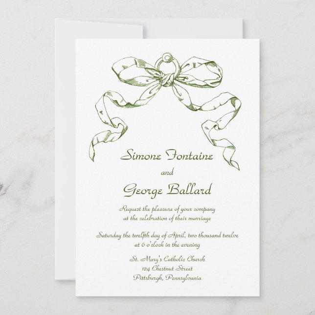 Green Bow Swag Wedding Invitation (Front)