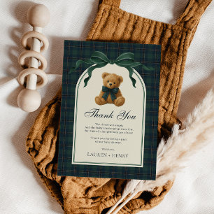 Green Bow Teddy Bear Vintage Plaid Boy Baby Shower Thank You Card