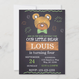 Green Bow Tie Bear Birthday Invite