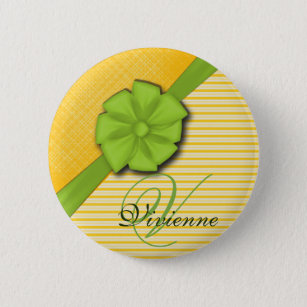 Green Bow, Two Tone Yellow Stripes Sunny Fabric 6 Cm Round Badge