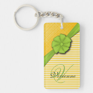 Green Bow, Two Tone Yellow Stripes Sunny Fabric Key Ring