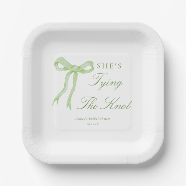 Green Bow Tying The Knot Bridal Shower Paper Plate (Front)