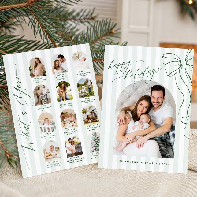 Green Bow What A Year Review Monthly Photo Collage Holiday Card (Creator Uploaded)