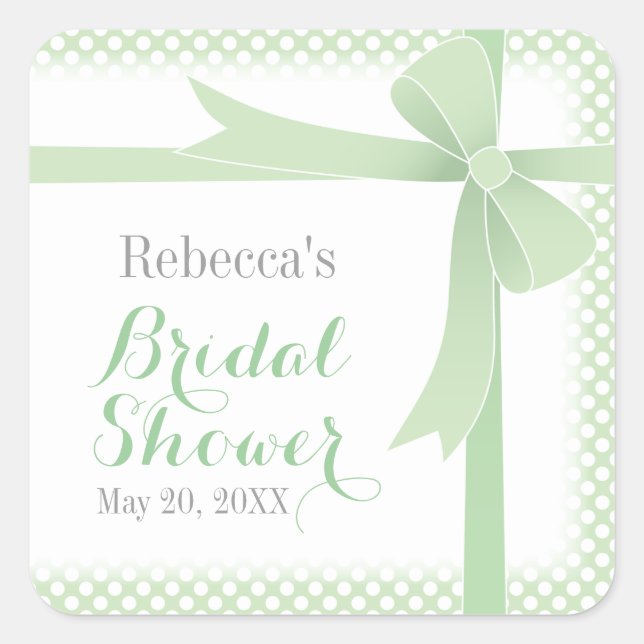 Green Bow & White Dots Bridal Shower Square Sticker (Front)