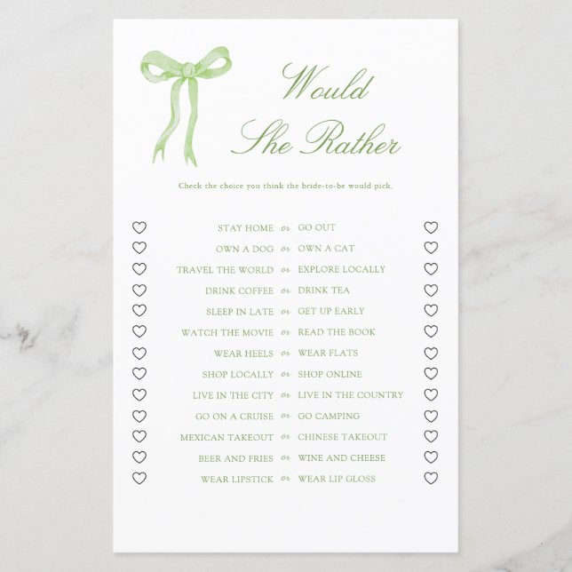 Green Bow Would She Rather Bridal Shower Game (Front)