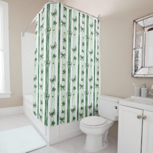 Green Bows, Clover Motifs & Striped Pattern Shower Curtain