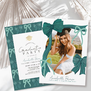 Green Bows Photo Graduation Party Invitation