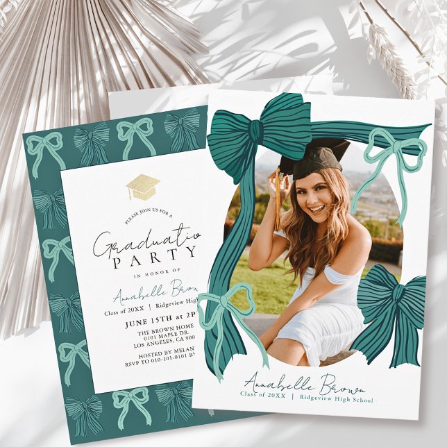 Green Bows Photo Graduation Party Invitation (Creator Uploaded)