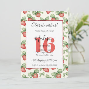 Green Bows Red Strawberries Fruit 16th Birthday Invitation
