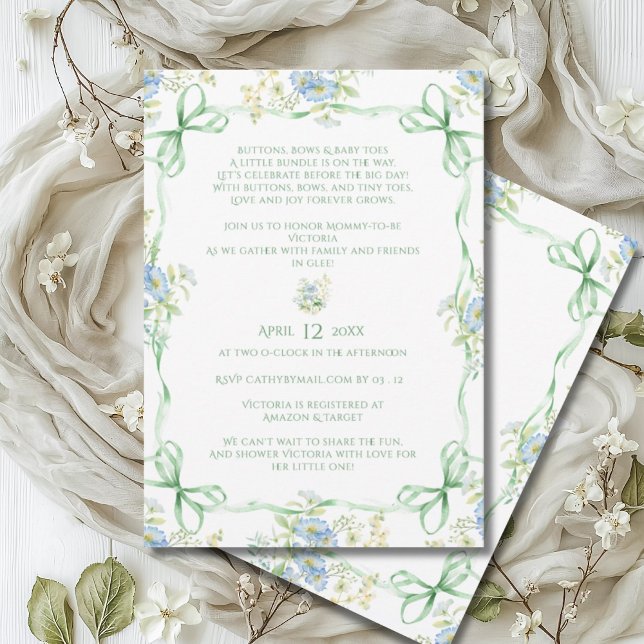 Green Bows Ribbons & Floral Frame Baby Shower Invitation (Creator Uploaded)