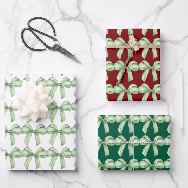 Green bows wrapping paper. Gift wrapping.  Paper Sheet (Front)