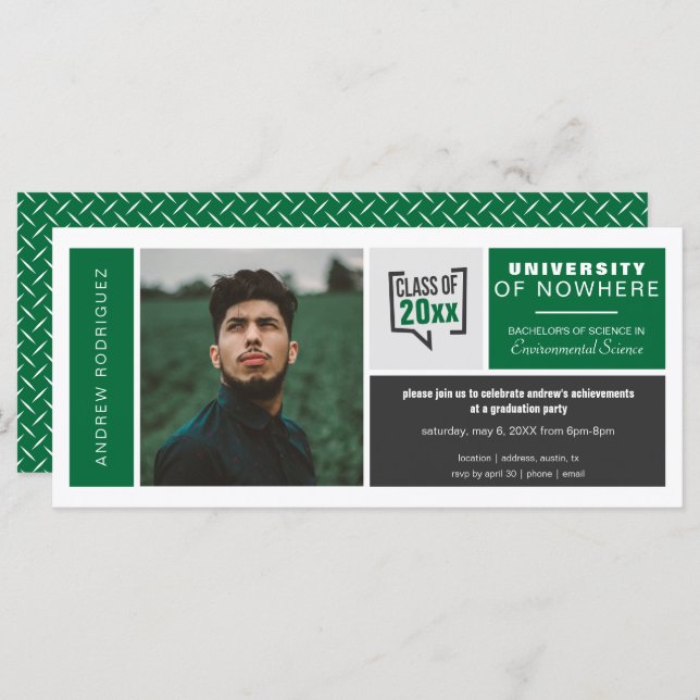 Green Boxes & Photo Wide Graduation Invitation (Front/Back)