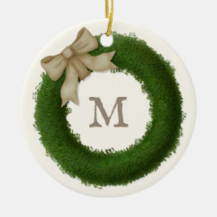 Green Boxwood Wreath Monogrammed Custom Ceramic Ornament