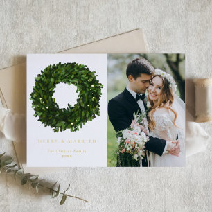 Green Boxwood Wreath Newlywed Christmas Photo Foil Holiday Card