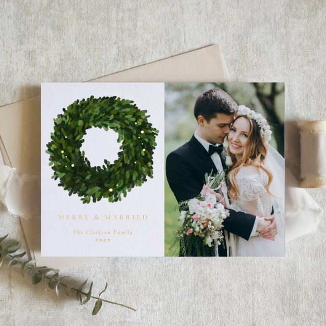 Green Boxwood Wreath Newlywed Christmas Photo Foil Holiday Card (Creator Uploaded)