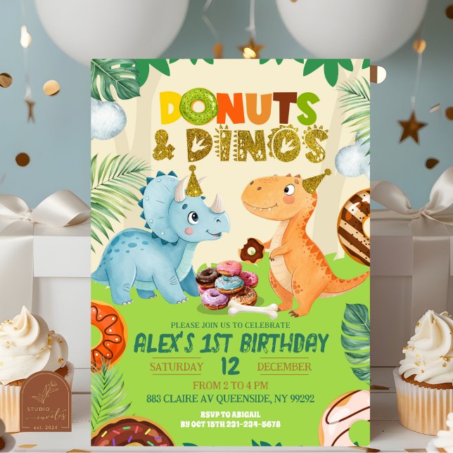 Green Boy Donuts & Dinos Dino Theme Birthday Party Invitation (Creator Uploaded)