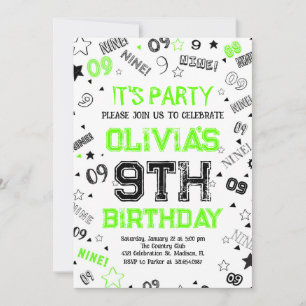 Green Boy Number Nine Birthday Party Invitation