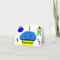 Green Boy Robot Blue Spaceship Cupcake Thank You