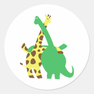 Green Brachiosaurus and giraffe hugs cartoon Classic Round Sticker