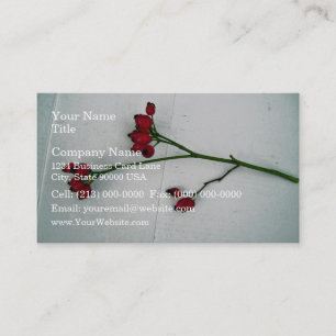 Green branch with tiny red fruits against a white business card