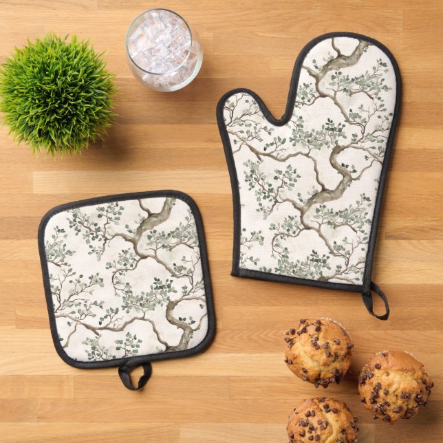 Green Branches Trees Oven Mitt & Pot Holder Set (Top Down)