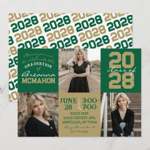 Green & Bronze Gold 3 Photo Graduation Invitation