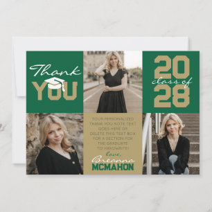 Green & Bronze Gold 3 Photo Graduation Thank You Invitation