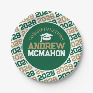 Green, Bronze Gold & White Graduation Personalised Paper Plate
