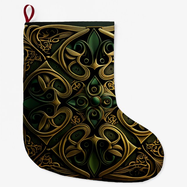 Green Bronze Ornamental Plaid Decoration Pattern Large Christmas Stocking (Front)