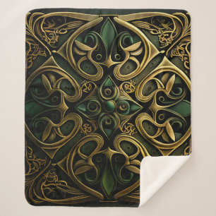 Green Bronze Ornamental Plaid Decoration Pattern Sherpa Blanket